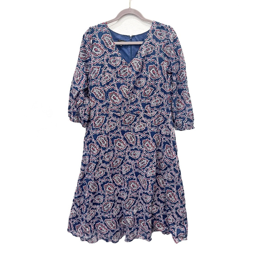 Talbots Navy Blue Paisley Puff Sleeve Fit & Flare Midi Dress Size 16 Preppy USA